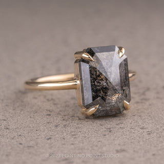 3.21 Carat Black Speckled Emerald Diamond Engagement Ring, Jane Setting, 14k Yellow Gold