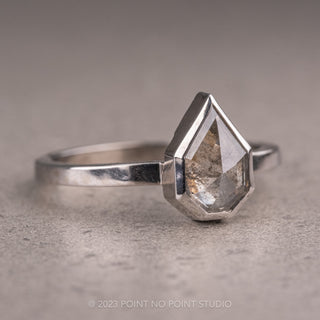 1.24 Carat Salt and Pepper Geometric Pear Diamond Engagement Ring, Bezel Jane Setting, 14k White Gold